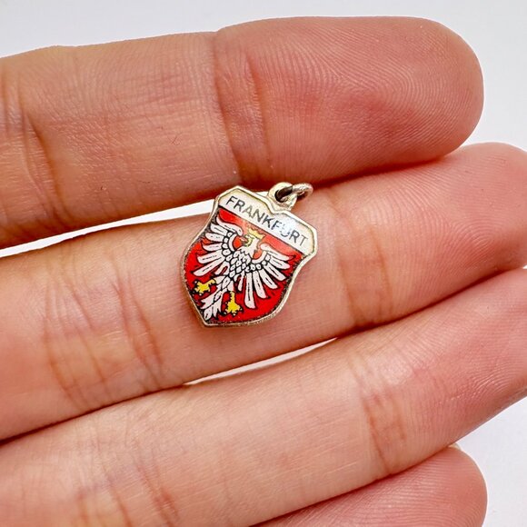 800 Silver Red & White Enamel Frankfurt Shield Design Charm Size 0.75" Length - Picture 5 of 8